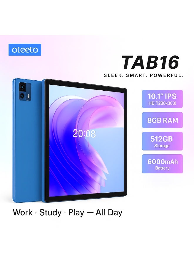 Oteeto TAB16 Android 14 Tablet | 10.1-Inch HD IPS Display | 8GB RAM + 512GB Storage | 6000mAh Battery | Dual Camera | 5G Wi-Fi + SIM Support | Type-C Fast Charging | With FREE Keyboard, Mouse, Touch Pen, Case And Screen Protector - Blue - Image 5