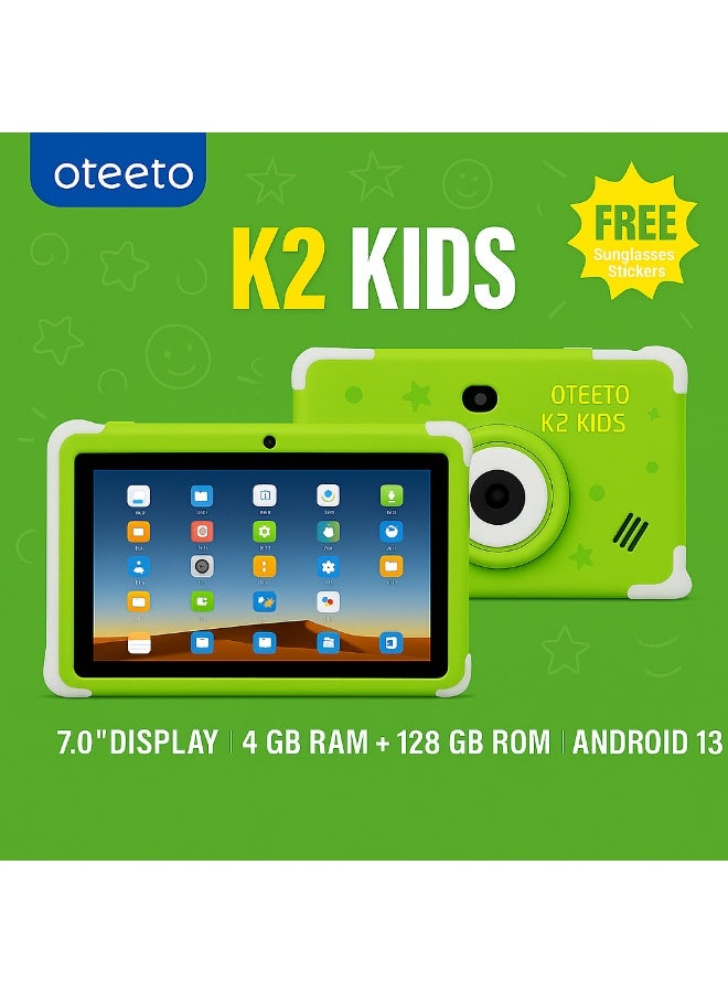 Oteeto K2 Kids Tablet | 7-Inch IPS Display | 4GB RAM + 128GB ROM | Android 13 | Dual Camera | Type-C Charging | Parental Mode | FREE Sunglasses And Stickers - Green - Image 4
