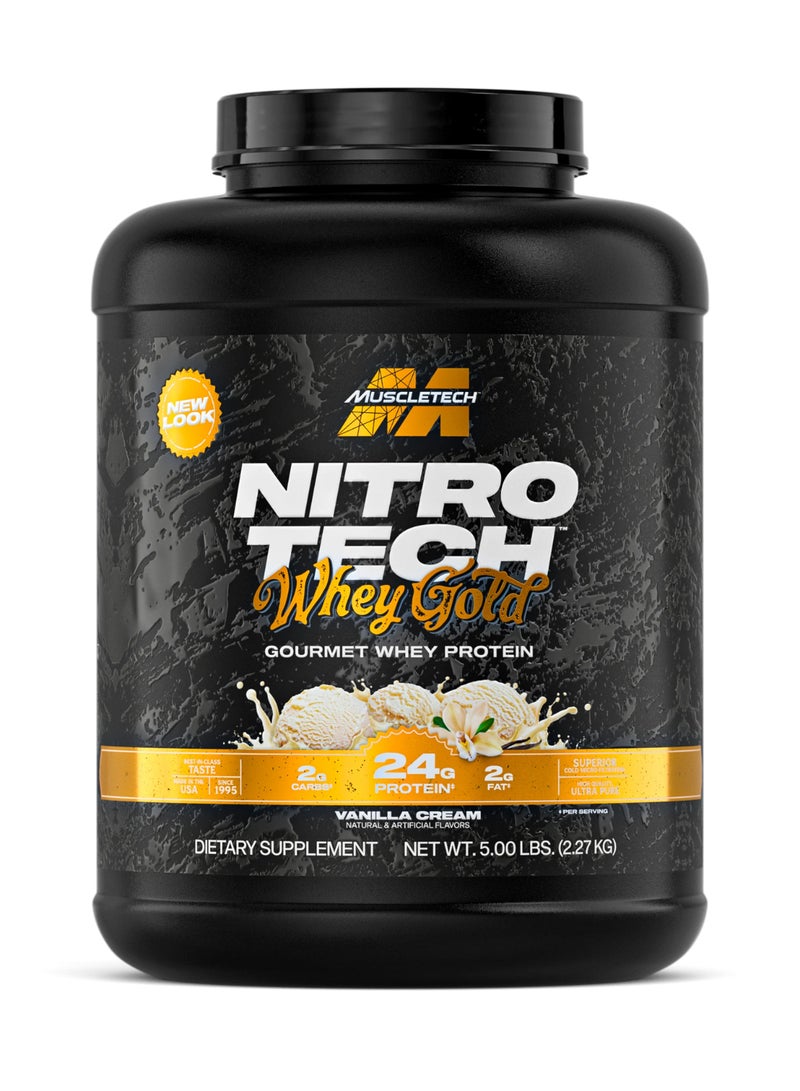 MuscleTech Nitro Tech Whey Gold Gourmet Whey Protein - 24g Protein - 5.4g BCAAs - Vanilla Cream Flavor - Dietary Supplement - Net Wt 5.00 lbs (2.27kg) - Image 1
