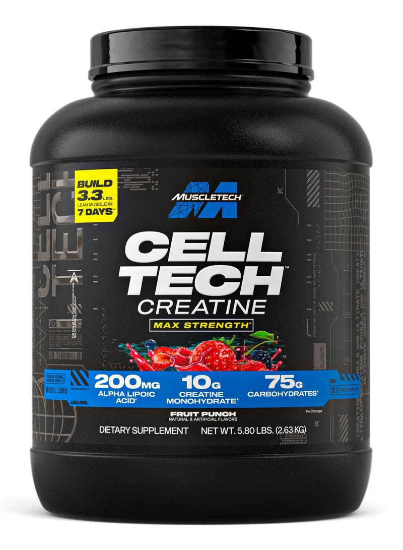 MuscleTech Cell Tech Creatine Max Strength - Builds 3.3 lbs lean muscle in 7 days - 200mg Alpha Lipoic Acid - 10g Creatine Monohydrate - 75g Carbohydrates - Fruit Punch Flavor - Dietary Supplement - Net Wt 5.80 lbs (2.63kg) - Image 1