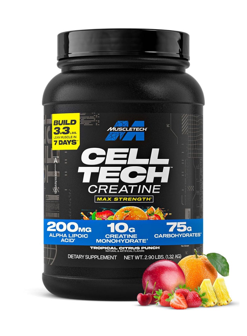 MuscleTech Cell Tech Creatine Max Strength - Builds 3.3 lbs lean muscle in 7 days - 200mg Alpha Lipoic Acid - 10g Creatine Monohydrate - 75g Carbohydrates - Tropical Citrus Punch Flavor - Dietary Supplement - Net Wt 2.90 lbs (1.32kg) - Image 1
