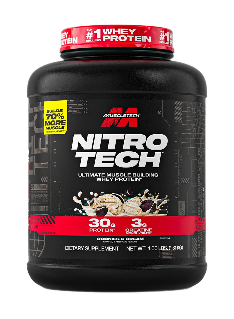 MuscleTech Nitro Tech Ultimate Muscle Building Whey protein - Builds 70% more Muscle - 30g Protein - 3g Creatine - Cookies and Cream Flavor - Dietary Supplement - Nt Wt 4.00 lbs (1.81kg) - Image 1