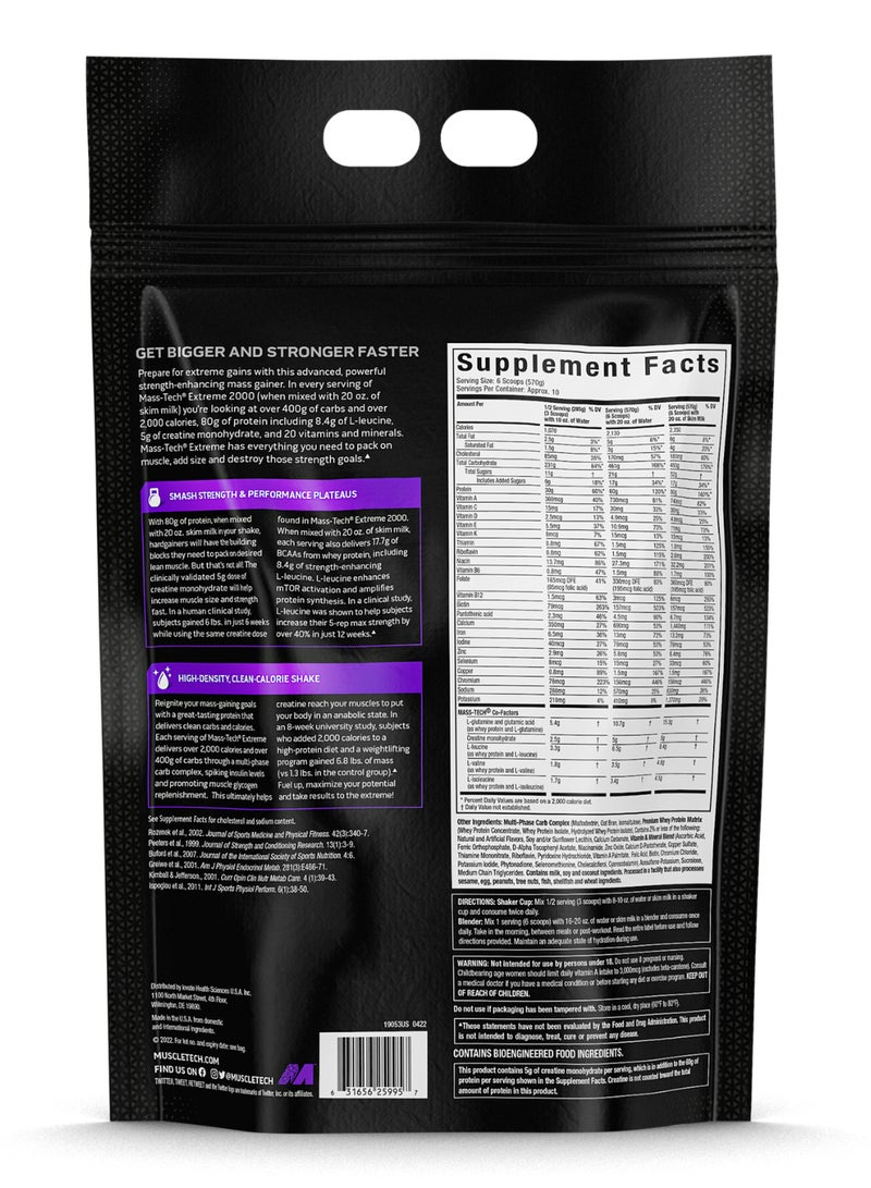 MuscleTech Mass Tech Extreme - 5g Creatine Monohydrate, 60g Protein, 2130 Calories - Vanilla - Net wt.12 lbs. (5.44 Kg) - Image 2