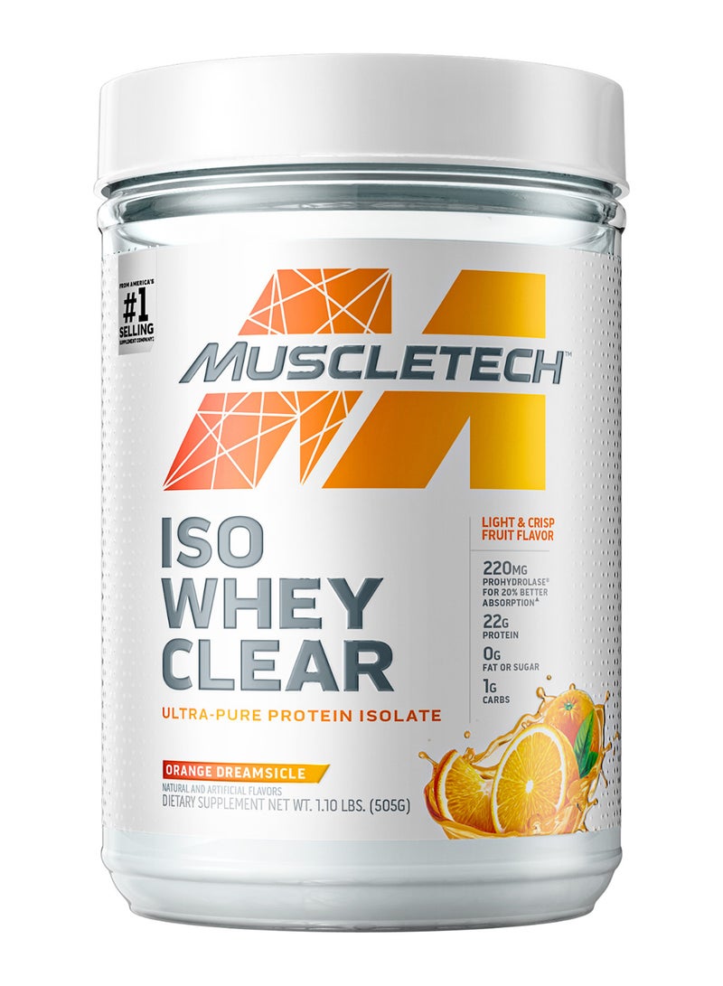 MuscleTech ISO Whey Clear Ultra-Pure Whey Protein Isolate, 22G Protein | 0G Fat | 1G Carbs, Light & Crisp Fruit Flavor | Build Lean Muscle | 220MG Prohydrolase For 20% Better Absorption, Orange Dreamsicle Natural & Artificial Flavors,  Dietary Supplement Net WT. 1.11 LBS. (505G) - Image 1