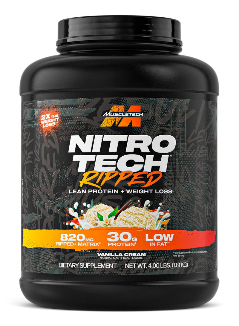 MuscleTech Nitro-Tech Ripped Lean Protein + Weight Loss, 820 MG Ripped+ Matrix, 30G Protein, Low In Fat, Vanilla Cream Natural & Artificial Flavors, Dietary Supplement, Net WT. 4.00 LBS. (1.81 KG) - Image 1