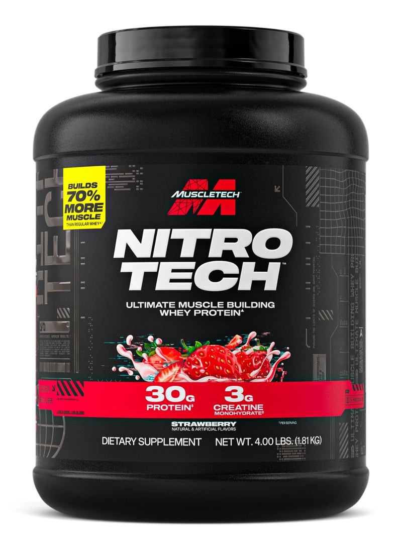 MuscleTech Nitro Tech Ultimate Muscle Building Whey protein - Builds 70% more Muscle - 30g Protein - 3g Creatine - Strawberry Flavor - Dietary Supplement - Net Wt 4.00 lbs (1.81kg) - Image 1