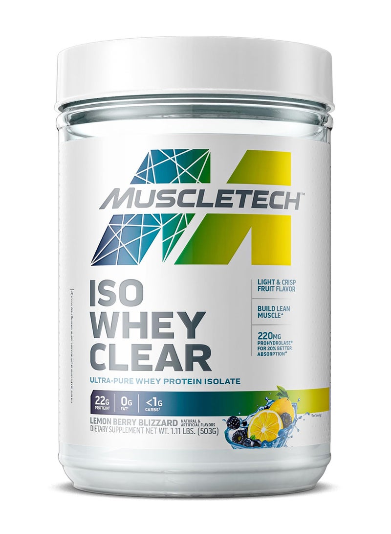 MuscleTech ISO Whey Clear Ultra-Pure Whey Protein Isolate, 22G Protein | 0G Fat | <1G Carbs | Light & Crisp Fruit Flavor Build Lean Muscle | 220MG Prohydrolase For 20% Better Absorption | Lemon Berry Blizzard Natural & Artificial Flavors, Dietary Supplement Net WT. 1.11 LBS. (503G) - Image 1