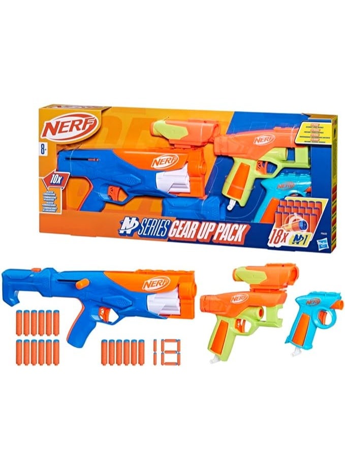 Nerf N Series Gear Up Pack, 3x Blasters, 18 Nerf N1 Darts Compatible Only with Nerf N Series Blasters, Kids Gifts, Outdoor Games, Ages 8+ - Image 1
