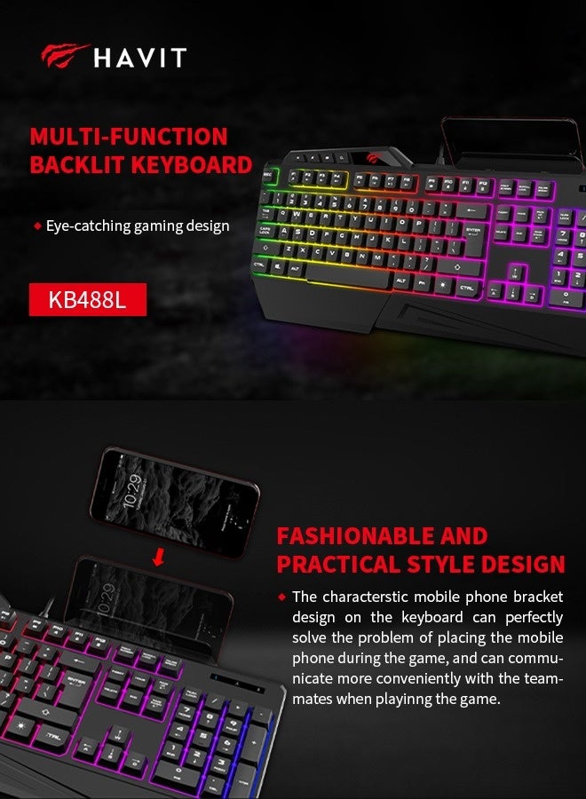 havit Backlit RGB Gaming Keyboard, LED Computer Keyboard with Phone Holder, Compact 108 Keys Keyboard - Image 2