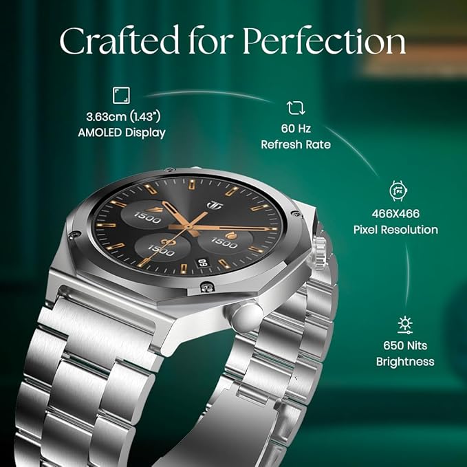 Titan Maestro 1.47" Zero Lag AMOLED Smart Watch for Man with SS316L Stainless Steel, BT Calling, 60Hz Refresh Rate, Health Tracking,10 Days Battery,Water & Dust Resistant, Extra Silicon Strap (Black) Black - Image 3