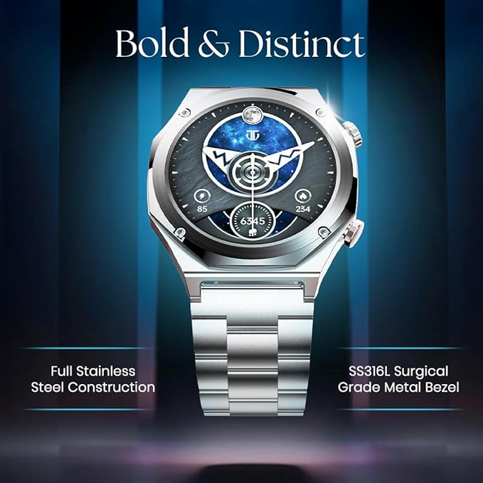 تيتان ساعة ذكية تيتان مايسترو 1.47" AMOLED بدون تأخير للرجال مع فولاذ SS316L المقاوم للصدأ، مكالمات بلوتوث، معدل تحديث 60 هرتز، تتبع الصحة، بطارية لمدة 10 أيام، مقاومة للماء والغبار، حزام سيليكون إضافي (أسود) - Image 2