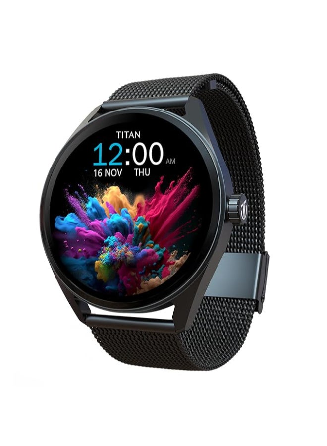 Titan Crest 1.43” AMOLED Smart Watch with BT Calling, AI Morning Briefs, Functional Crown, Health Tracking, Aluminium Body, 100+ Sports Modes, Smartwatch for Men and Women - Black Mesh Strap Black - Image 1
