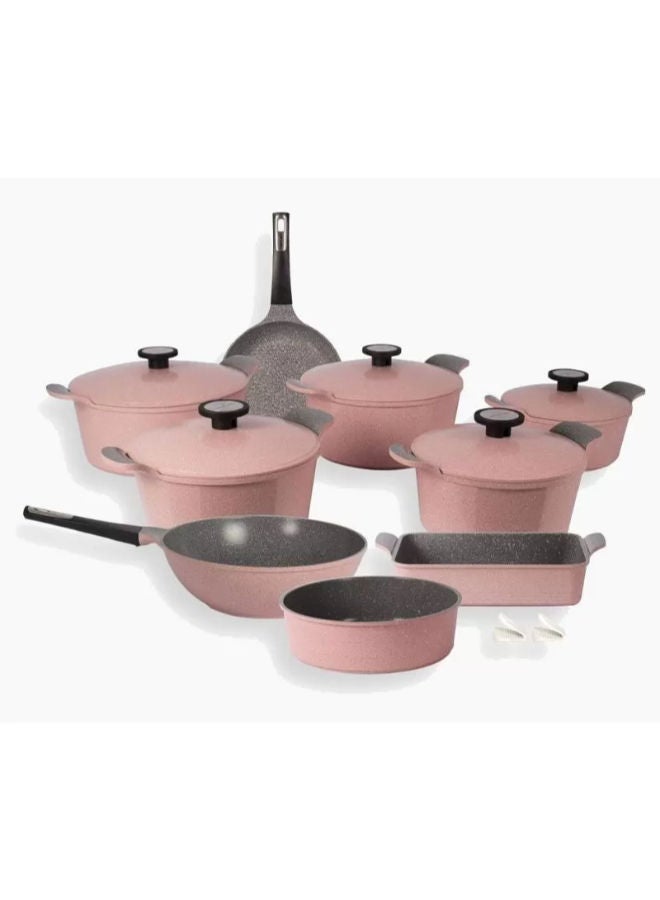 نيو فلام طقم أواني الطهي نيفولام، بوليغون جرانيت، 14 قطعة، رخام وردي
