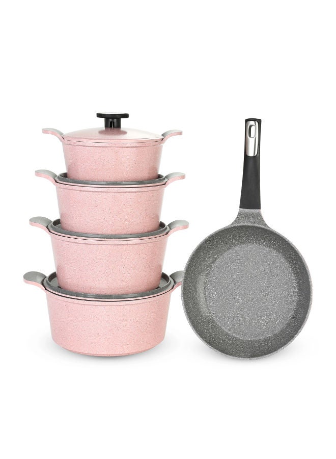 نيو فلام Neoflam Cookware Set, Granite Polygon, 9 Pieces, Pink Marble Pink Marble Pot (20 - 22 - 24 - 26 ) Pan 26cm - Image 2