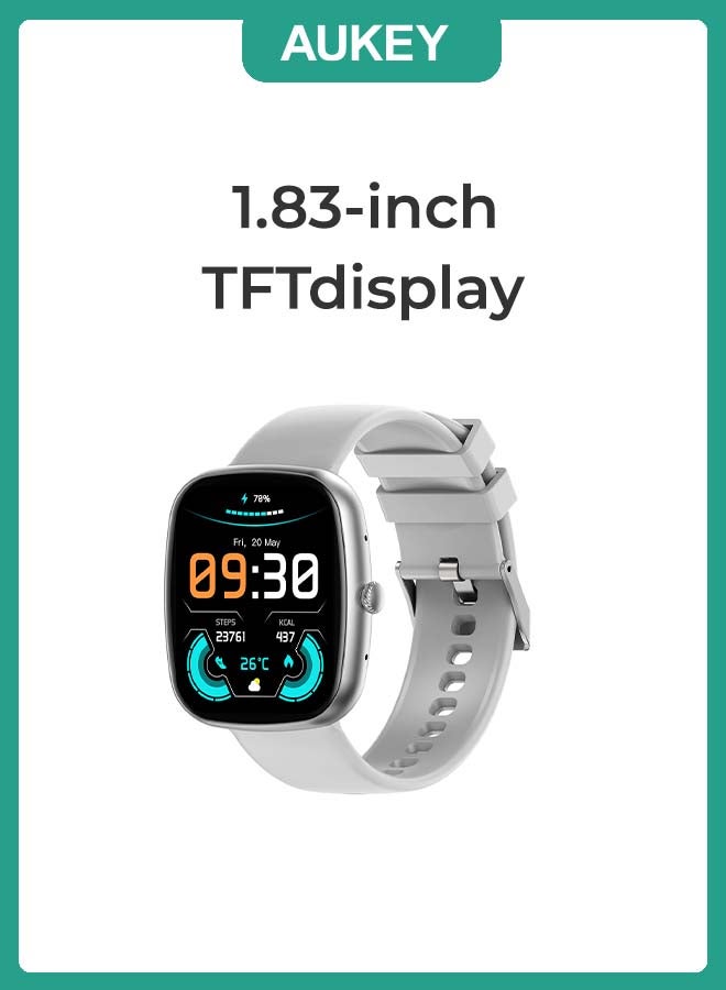 Aukey Smartwatch with Calling Function, 1.83-inch TFT display, IP68 Waterproof, 15 Days Battery Life, Fitness Tracker with Sport & Health tracking & Customise faces SW-2S - Silver - Image 2