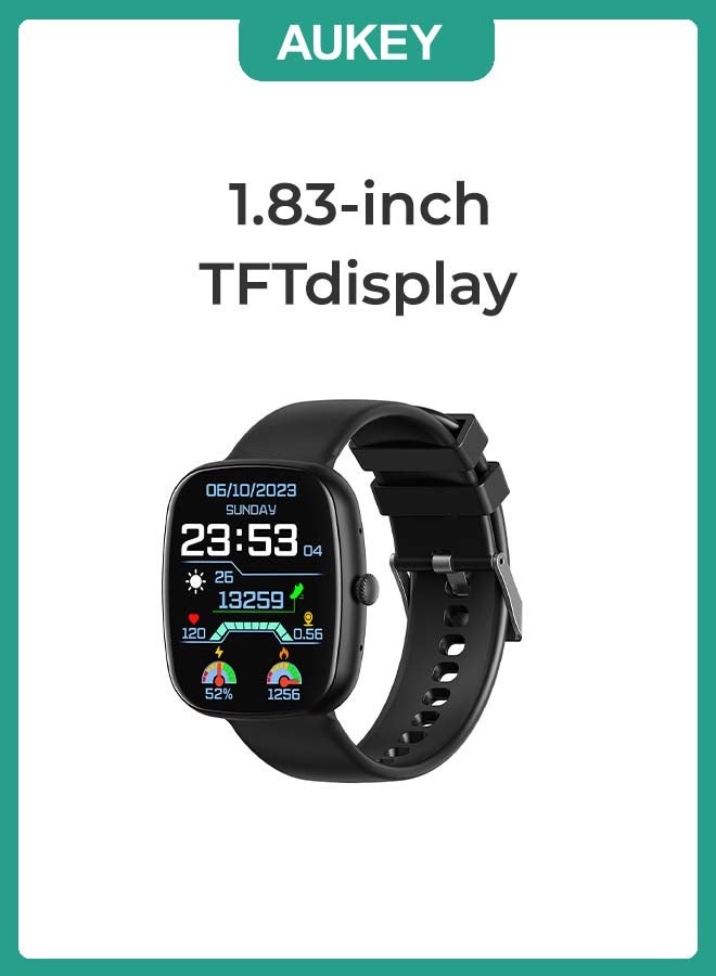 Aukey 230 mAh AUKEY Smartwatch with Calling Function, 1.83-inch TFT display, IP68 Waterproof, 15 Days Battery Life, Fitness Tracker with Sport & Health tracking & Customise faces SW-2S Black black - Image 1