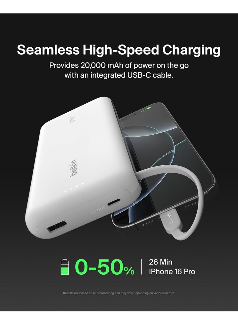 بيلكين "باور بانك محمول بسعة 20,000 مللي أمبير مع كابل مدمج وتقنية PD 30 واط للشحن السريع، متوافق مع iPhone 16، iPad Pro، Galaxy S25 والأجهزة الحديثة الأخرى" - Image 2