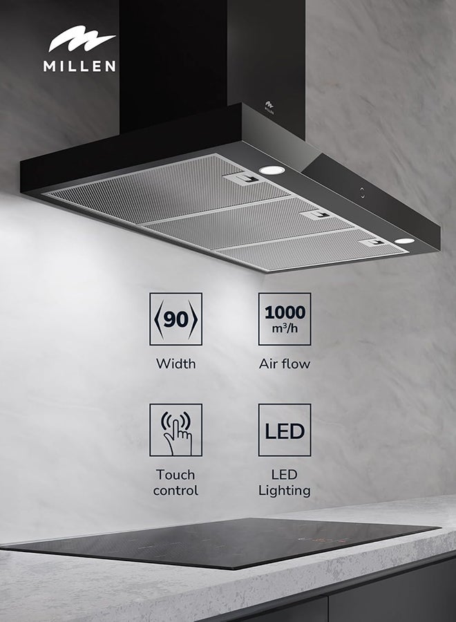 ميلين شفاط ميلين 90 سم زجاج أسود / هيكل مطلي 1000م³/ساعة - MKH 901 BB، ضمان 3 سنوات - Image 3