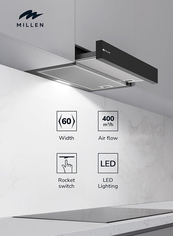 ميلين مروحة شفط ميلين 60 سم سوداء قابلة للسحب 400 م3/ساعة – MBRHS 601 BL، ضمان 3 سنوات - Image 3