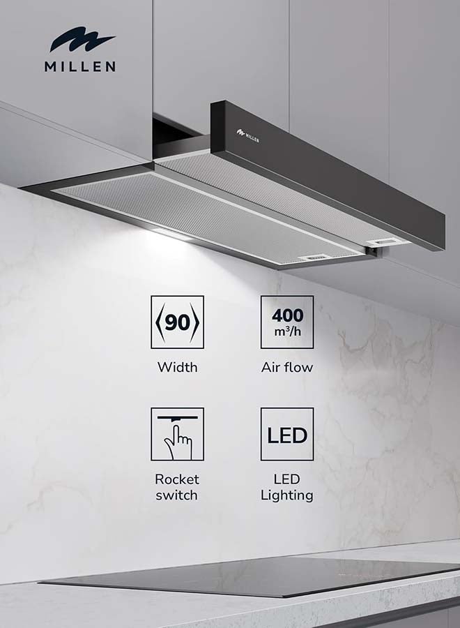 MILLEN 90 cm Black Slide-Out Range Hood  400 m3/h – MBRHS 901 BL, 3 Years Warranty MBRHS 901 BL black - Image 3