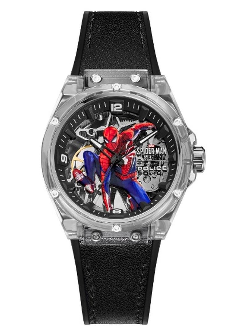POLICE Men's Spider-Sense Edition Transparent Dial Black Silicone Strap Automatic Watch for Men 44mm - Image 1