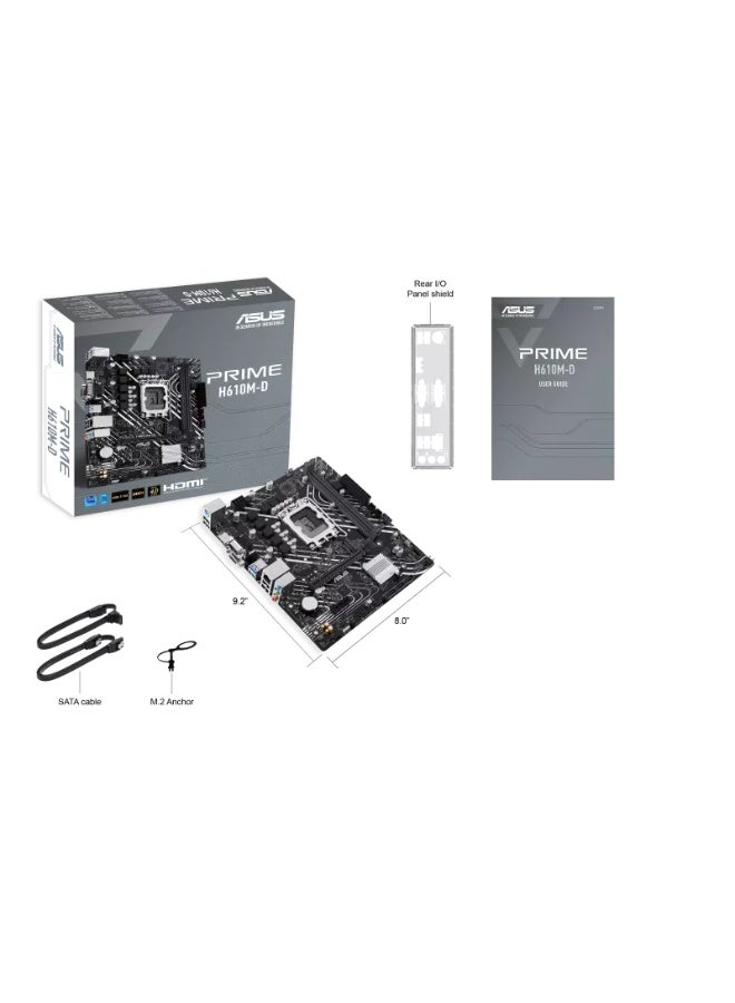 أسوس Prime H610M-D DDR5 Intel LGA1700 Micro-ATX Motherboard, Intel H610 Chipset, 2× DDR5 DIMM Slots (Up to 96GB, 4800MHz+), PCIe 4.0 x16 Slot for GPU, 1× M.2 PCIe 3.0 x4 Slot, 4× SATA 6Gb/s Ports, HDMI & VGA Outputs, Realtek 1Gb Ethernet LAN, USB 3.2 Gen1 & USB 2.0 Ports, RGB Header, 5X Protection III, UEFI BIOS, Micro-ATX Form Factor | 90MB1G80-M0EAY0 black - Image 2