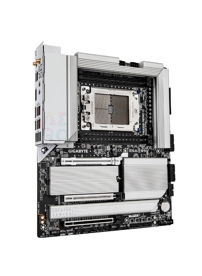 جيجابايت TRX50 AERO D E-ATX Motherboard, AMD sTR5 Threadripper/Threadripper PRO 7000 Series, Quad-Channel DDR5 1TB, PCIe 5.0 x16, 3x PCIe Slots, 4x M.2 SSD Slots, Wi-Fi 7, 10GbE + 2.5GbE LAN, Dual USB4 Type-C, High-End VRM & Thermal Armor, Content Creation & Workstation Board | TRX50 AERO D silver - Image 3