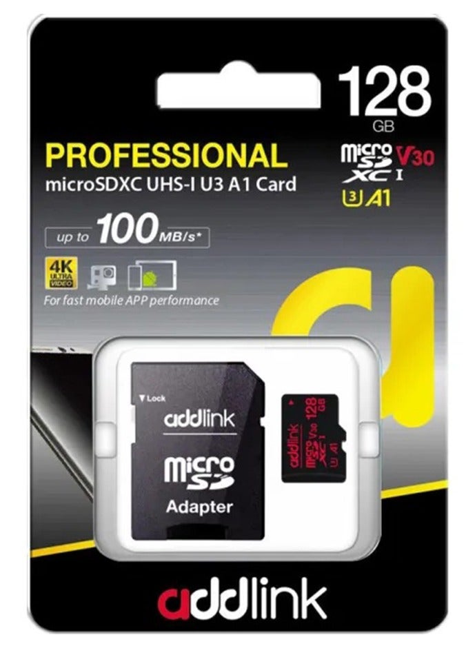 آدد لينك بطاقة ذاكرة MicroSDXC 128GB للألعاب الفائقة مع محول UHS-I، C10، U3، V30، A1، فيديو 4K، تصل إلى 100MB/s، لجهاز نينتندو سويتش، ستيم ديك، ROG ألي، الهواتف الذكية، والأجهزة اللوحية - Image 1