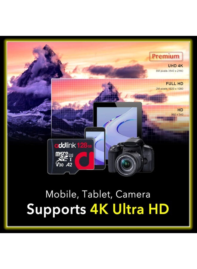 آدد لينك بطاقة ذاكرة MicroSDXC 128GB للألعاب الفائقة مع محول UHS-I، C10، U3، V30، A1، فيديو 4K، تصل إلى 100MB/s، لجهاز نينتندو سويتش، ستيم ديك، ROG ألي، الهواتف الذكية، والأجهزة اللوحية - Image 4