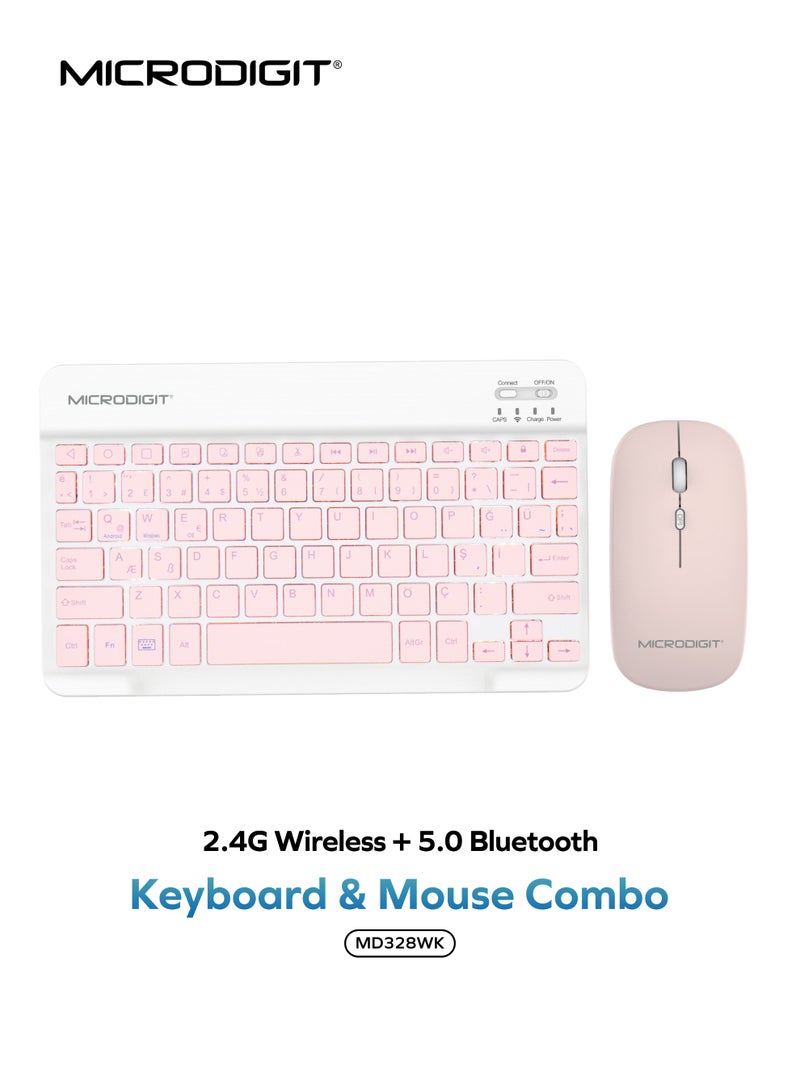 Microdigit Ultra-Slim Compact 2.4G Wireless + 5.0 Bluetooth Keyboard and Mouse Combo - MD328WK Pink Pink - Image 1