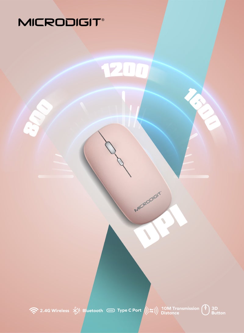 Microdigit Ultra-Slim Compact 2.4G Wireless + 5.0 Bluetooth Keyboard and Mouse Combo - MD328WK Pink Pink - Image 4