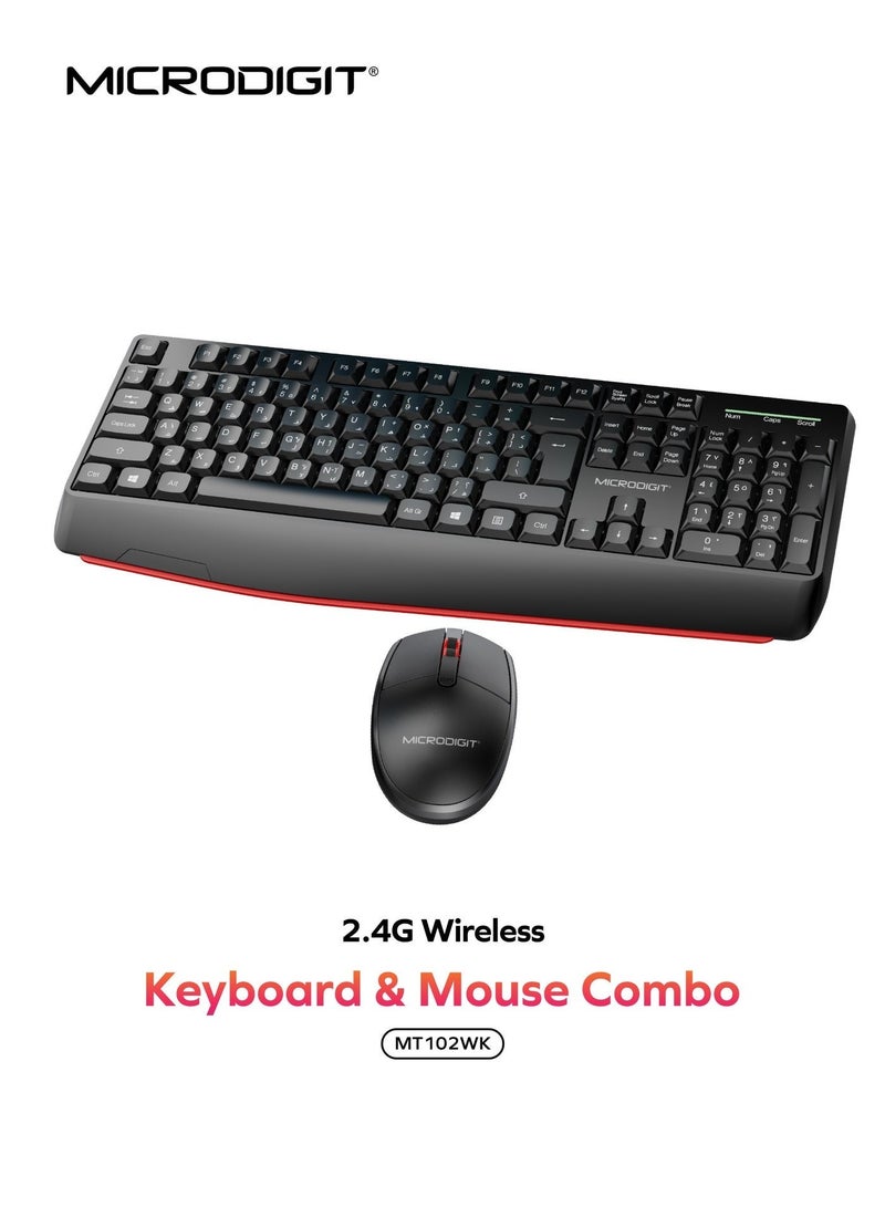 Microdigit Premium Wireless Keyboard and Mouse Combo, 2.4GHz Wireless with Built-In Palm Rest, Comfortable Multi-Grip, Nano USB Receiver - MT102WK Black - Image 1