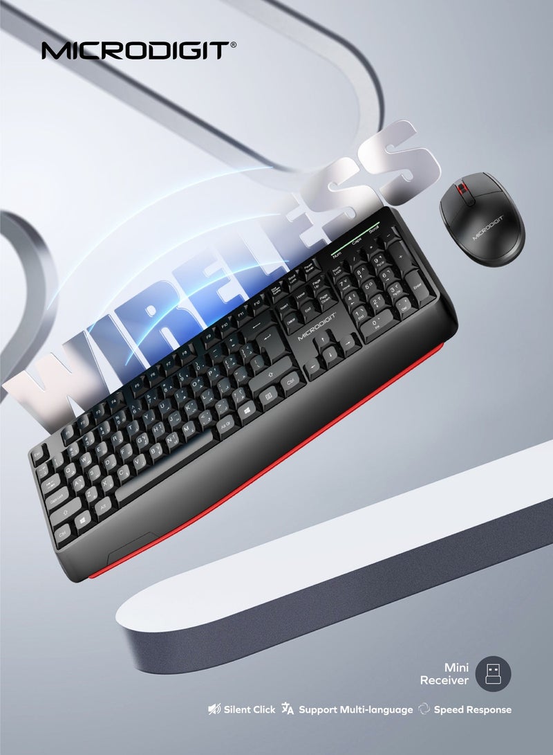 Microdigit Premium Wireless Keyboard and Mouse Combo, 2.4GHz Wireless with Built-In Palm Rest, Comfortable Multi-Grip, Nano USB Receiver - MT102WK Black - Image 2