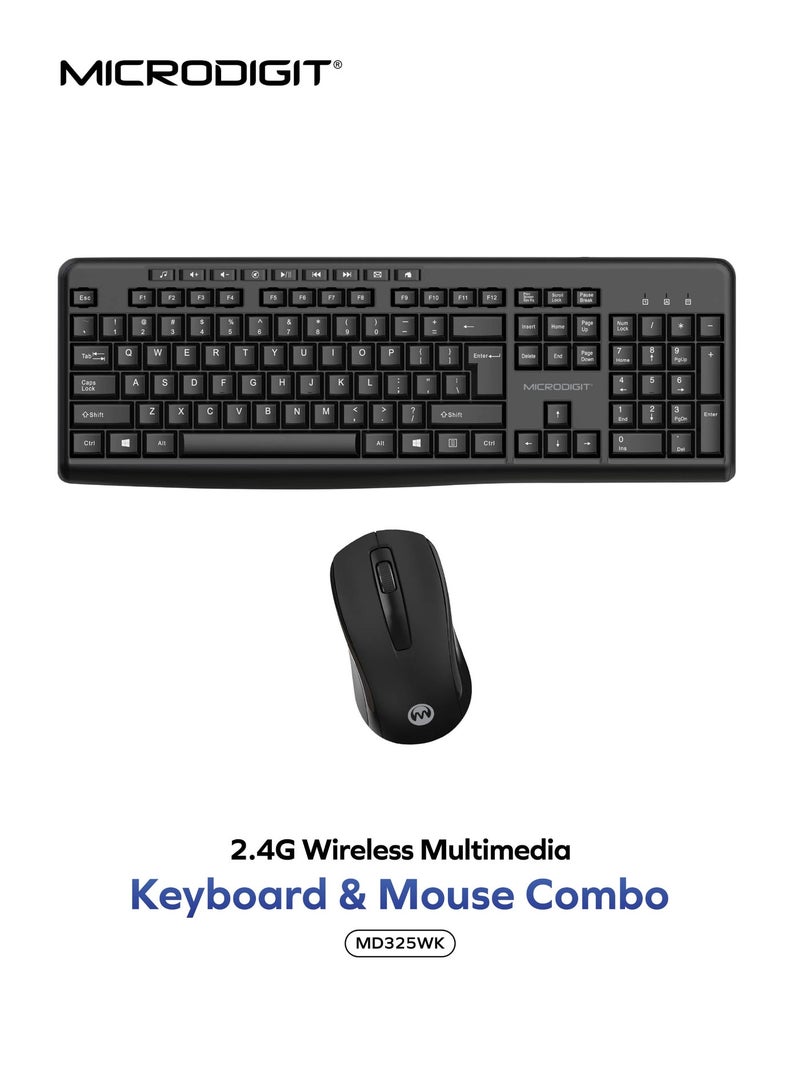 Microdigit Wireless Keyboard and Mouse Set for Windows, 2.4 GHz Wireless Unifying USB Receiver, Long Battery Life, Compatible with PC, Laptop Black - MD325WK Black - Image 1