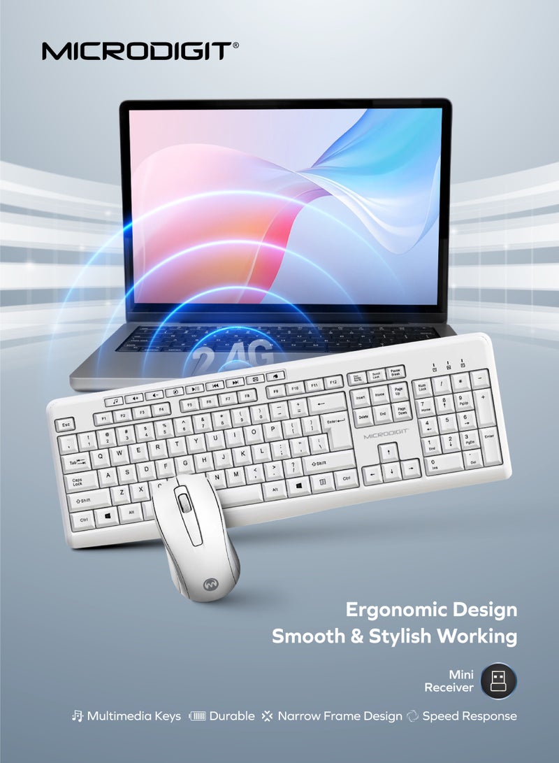 Microdigit Wireless Keyboard and Mouse Set for Windows, 2.4 GHz Wireless Unifying USB Receiver, Long Battery Life, Compatible with PC, Laptop White - MD325WK white - Image 1