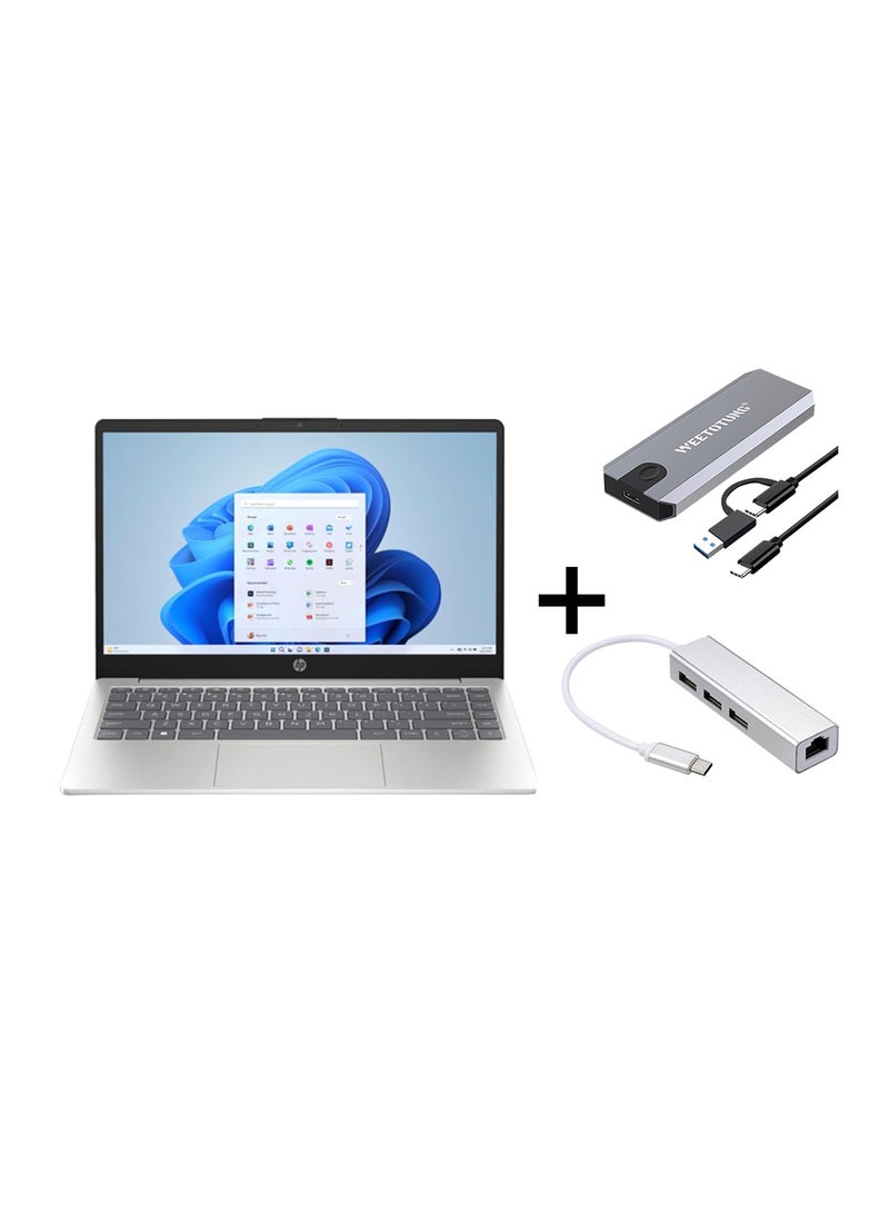 HP 14 (Upgraded Version) Laptop With 14-Inch Display, Core i3-1315U Processor/8GB RAM/512GB SSD/Intel UHD 600 Graphics/Windows 11 English Natural Silver 128GB external drive +Type-C to USB Hub English Natural Silver - Image 1
