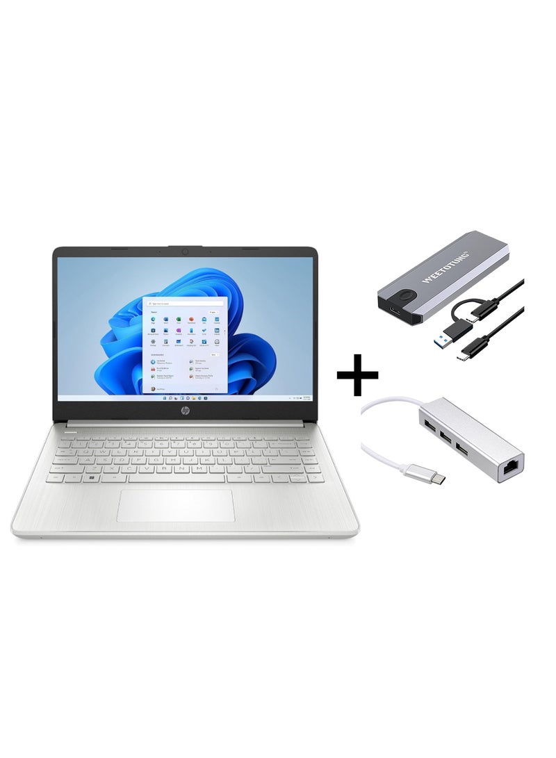 HP 14s Laptop With 14-Inch Diagonal FHD Display, Core i3-1215U Processor/8GB RAM/512GB SSD/Intel UHD Graphics/Windows 11 With 128GB external drive +Type-C to USB Hub English/Arabic Natural silver - Image 1