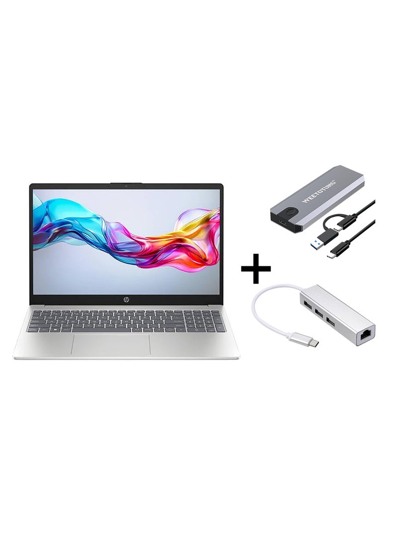 HP 15-fd0558nia Laptop With 15.6-Inch FHD Display, Core i7-1355U Processor/16GB RAM/512GB SSD/Intel Iris Xe Graphics/Windows 11 Pro(Upgraded Version)With 128GB external drive +Type-C to USB Hub English Natural Silver - Image 1