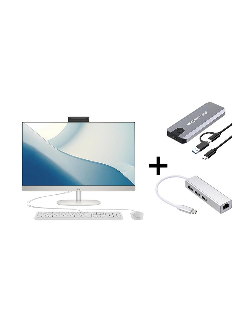 HP All-in-One 24-inch Desktop, Core i5-1335U Processor/8GB RAM/512GB SSD/Intel Iris XE Graphics/Windows 11 With 128GB external drive +Type-C to USB Hub English ‎Shell white - Image 1