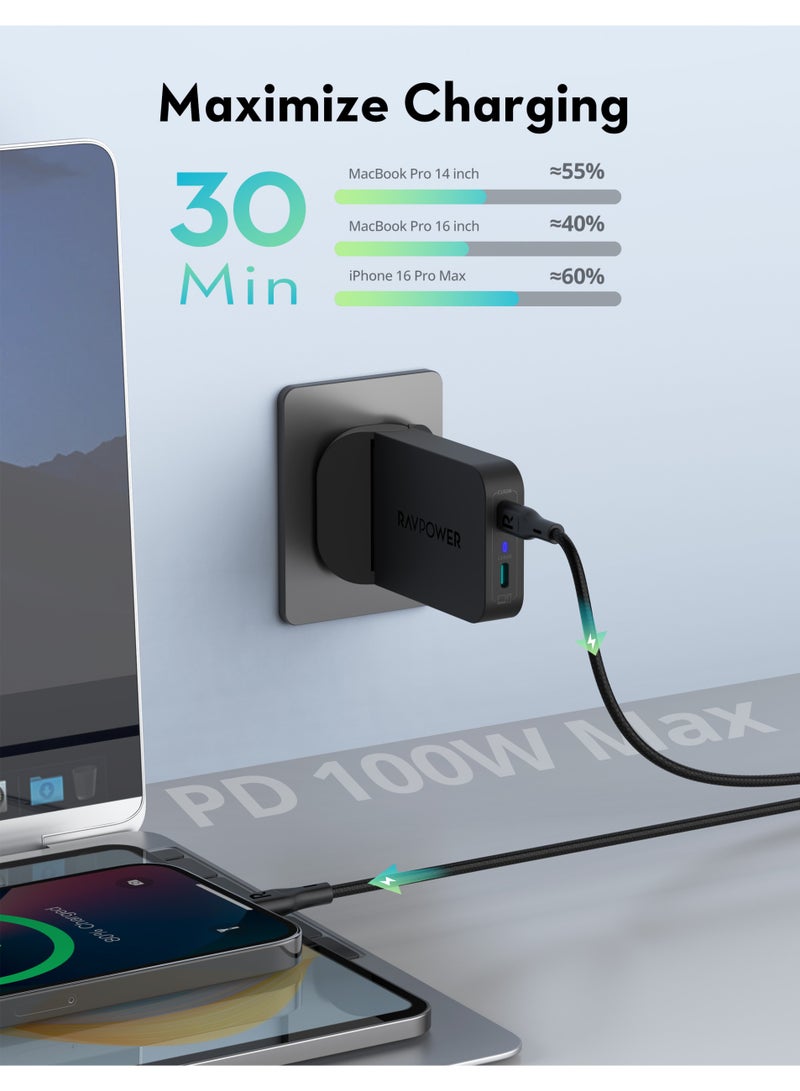 RAVPOWER Super Slim Foldable Plug Wall Charger, Dual USB-C Ports, 100W PD – Model RP-PC1095 Black - Image 3