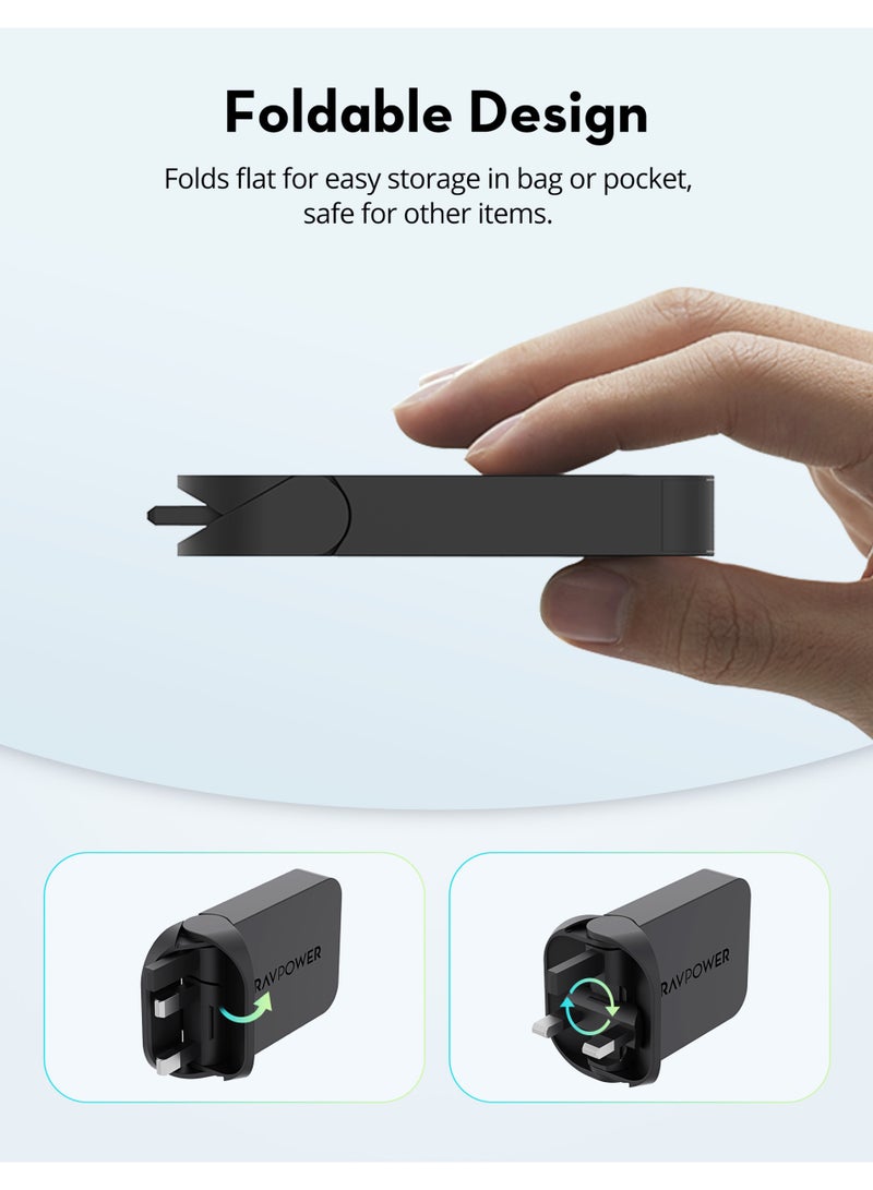 RAVPOWER Super Slim Foldable Plug Wall Charger, Dual USB-C Ports, 100W PD – Model RP-PC1095 Black - Image 2