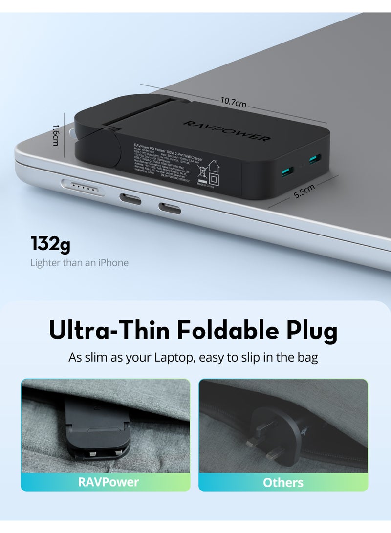 RAVPOWER Super Slim Foldable Plug Wall Charger, Dual USB-C Ports, 100W PD – Model RP-PC1095 Black - Image 4