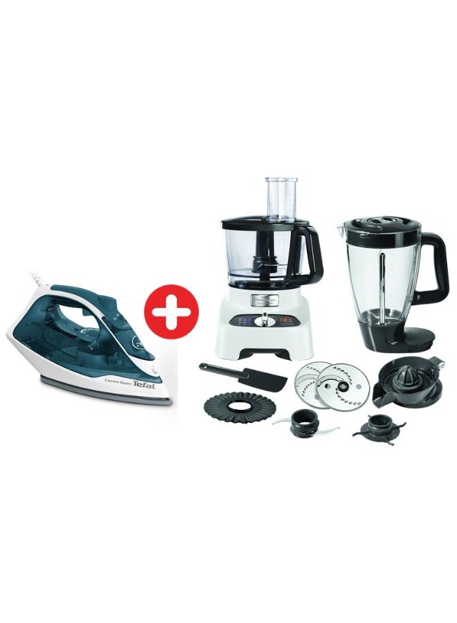 مولينكس Double Force Food Processor with 8 attachments for 27 functions, 1000 watt, 3L Bowl, 2L Blender - FP823125 + (Gift) Tefal Express Steam, Steam Iron, 2200 Watts, X-Glide Ceramic Soleplate 2 L 2200 W FP823125 Black