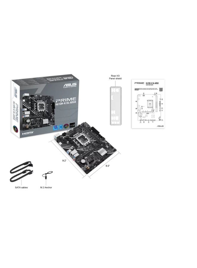 أسوس PRIME H610M-K D4 ARGB Micro-ATX Motherboard, Intel LGA1700 Socket, Supports 12th & 13th Gen Intel Core Processors, Supports DDR4 64GB Dual Channel, PCIe 4.0 x16, M.2 Slot, SATA 6Gb/s, HDMI 2.1 & D-Sub, Realtek 1Gb LAN, USB 3.2 Gen1, Aura Sync RGB, 5X Protection III | 90MB1HN0-M0EAY0 black - Image 1