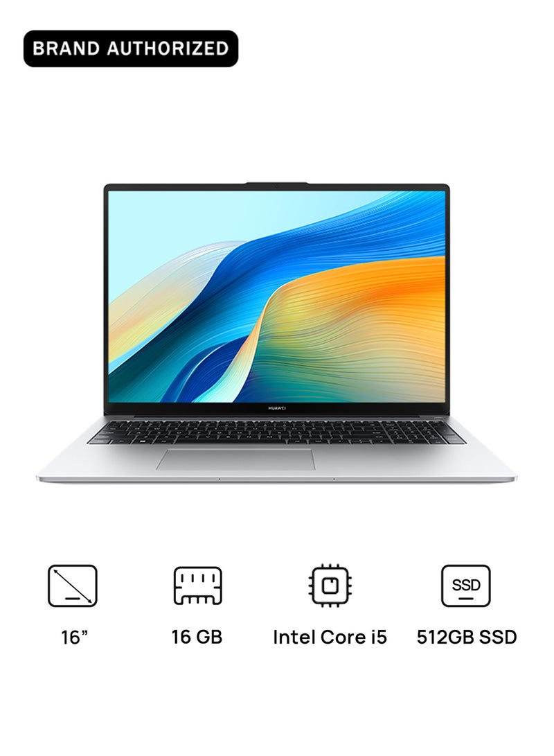 HUAWEI MateBook D 16 Laptop with 16 Inch Full HD(1920X1080) Display, Core i5-13420H Processor/16GB RAM DDR4/512GB SSD/DOS(Without Windows)/Intel Iris Xe Graphics/ English/Arabic Mystic Silver - Image 1