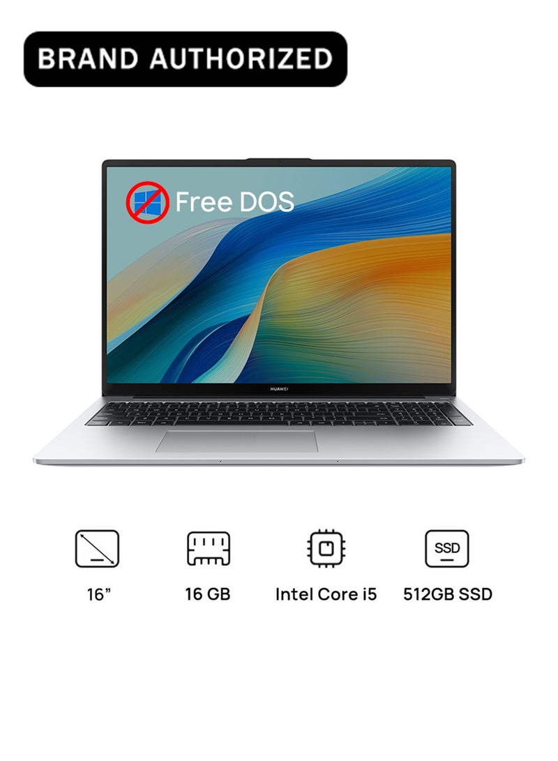 هواوي لابتوب ميت بوك دي 16 بشاشة 16 بوصة بدقة فول إتش دي (1920X1080)، مع معالج كور i5-13420H/ذاكرة عشوائية 16 جيجابايت DDR4/قرص صلب SSD بسعة 512 جيجابايت/نظام DOS (بدون ويندوز)/رسوميات إنتل إيريس إكس إي. - Image 1