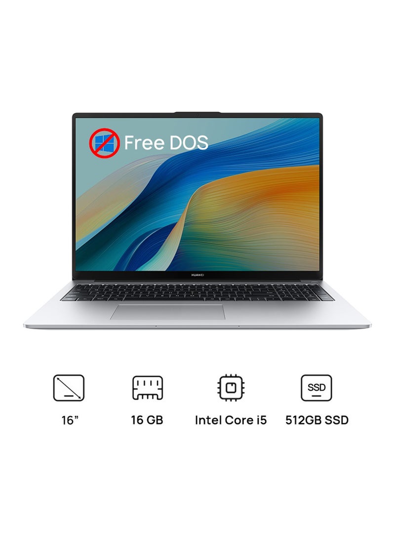 HUAWEI MateBook D 16 Laptop with 16 Inch Full HD(1920X1080) Display, Core i5-13420H Processor/16GB RAM DDR4/512GB SSD/DOS(Without Windows)/Intel Iris Xe Graphics/ English/Arabic Mystic Silver - Image 1