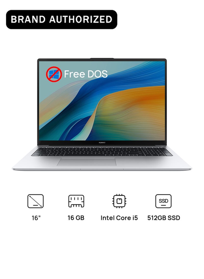 هواوي لابتوب ميت بوك دي 16 بشاشة 16 بوصة بدقة فول إتش دي (1920X1080)، مع معالج كور i5-13420H/ذاكرة عشوائية 16 جيجابايت DDR4/قرص صلب SSD بسعة 512 جيجابايت/نظام DOS (بدون ويندوز)/رسوميات إنتل إيريس إكس إي. - Image 1
