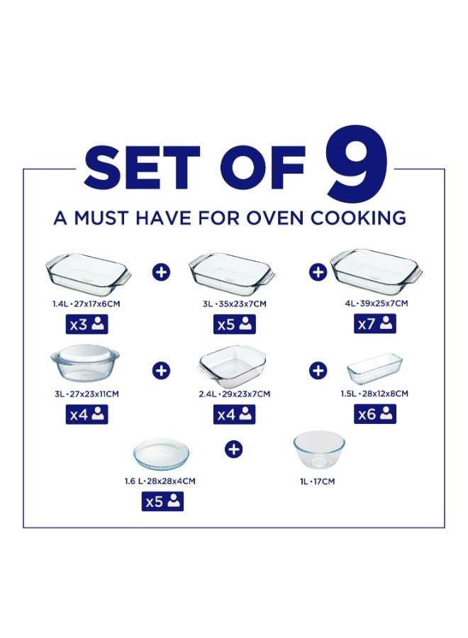 PYREX Pack Of 9 Rectangular & Square Cookware Set -Clear clear Piece 1. 1 Rectangular Dish 27x17x6 cm 1.4L-Piece 2. Rectangula Dish 35x23x7 cm - 3L-Piece 3. Rectangula Dish 39X25X7 cm -4L-Piece 4. Cassarole with Lid 27x23x11 3L-Piece 5. Rectangula Dish 29x23x7 cm -2.4L-Piece 6. Rectangula Dish 28x12x8 cm -1.5L-Piece 7. Dish 28x28x4 cm - 1.6L-Piece 8. Dip Cup 17 cm -1L cmcm - Image 1
