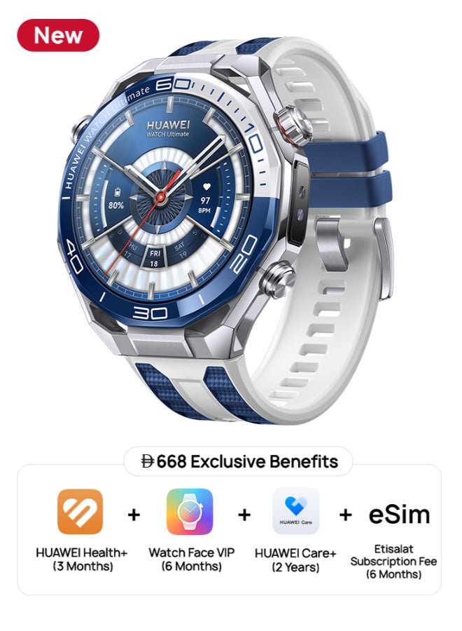 Watch Ultimate 2 Smart Watch with Extra Titanium Strap, Zirconium-based Liquid Metal case, 150-Meter Diving Watch, Sonar-based Underwater Communication, Accurate Health Monitor,  eSIM cellular calling, Blue